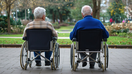 Obraz premium Senior Couple Contemplating the View: Two elderly individuals in wheelchairs, side-by-side, enjoy a peaceful moment in a park, their backs to the camera.