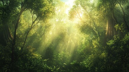 Fototapeta premium Sunlit Rainforest: A Mystical Forest bathed in Golden Light