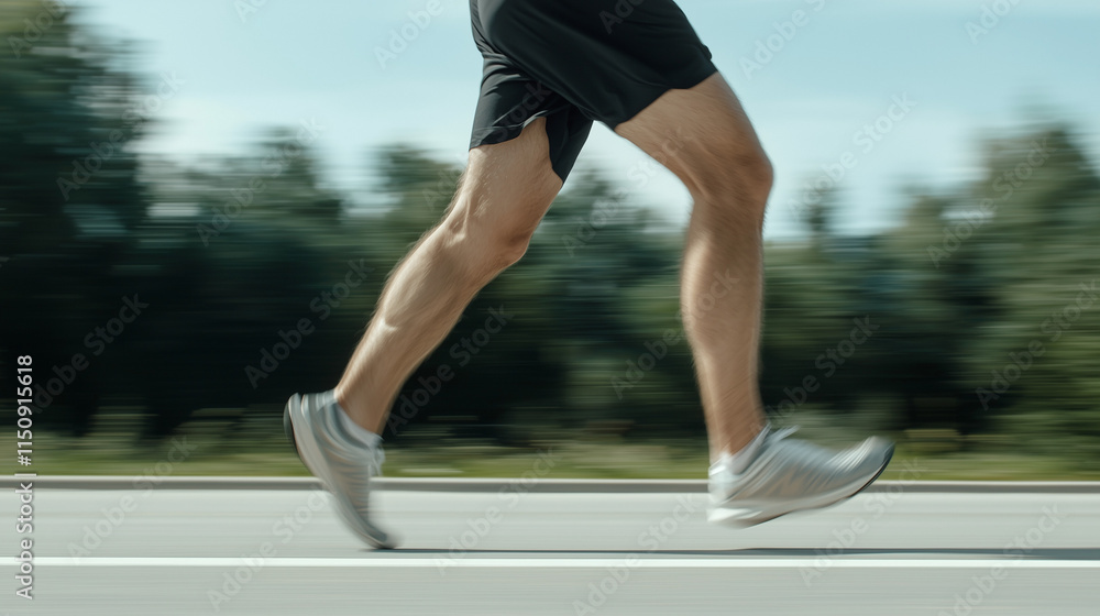 Poster running towards a brighter future: a close-up shot of a runner's legs in motion, captured in a blur 