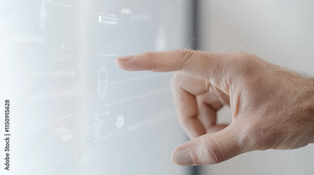 Poster interactive futuristic interface: a close-up shot of a hand interacting with a sleek, transparent di