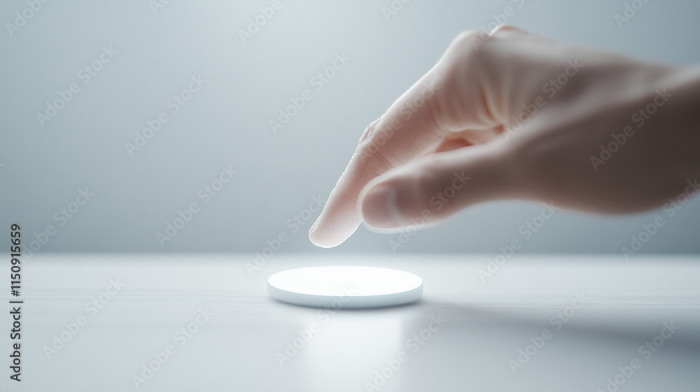 Poster fingertip control: a close-up shot of a hand reaching out to activate a futuristic, circular device,