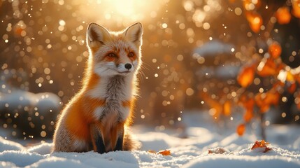 Obraz premium Red fox sitting in snowy winter forest, sunlight.