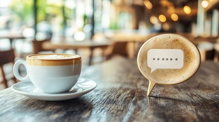 Image of a secure chat app interface showing an encrypted conversation close up, focus on the chat bubble in a modern cafe, dynamic, blend mode, with a latte as the backdrop