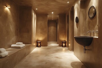 Venetian plaster walls in a soft taupe color, enhancing the serene luxury vibe a master suite