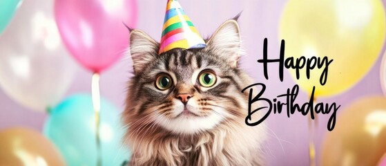 Adorable Cat Celebrates Birthday with Colorful Balloons and Party Hat