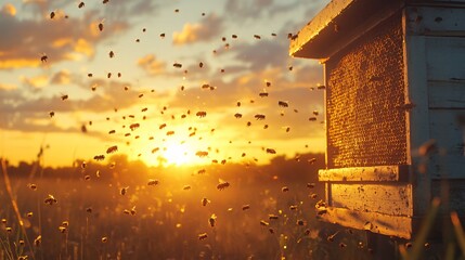 Beehive with bees flying in the sunset light. The concept of beekeeping.