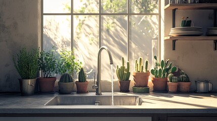 Fototapeta premium Modern kitchen interior with sink, faucet and plants in pots.