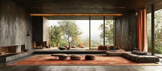 Fototapeta premium Modern living room with large windows overlooking nature, featuring minimalist furniture.