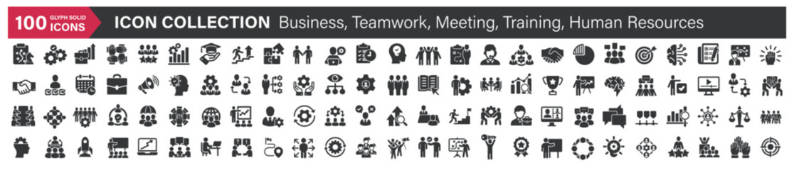 Big icons collection. Containing Business, Teamwork, Meeting, Training, Human Resources. Glyph solid style series icon