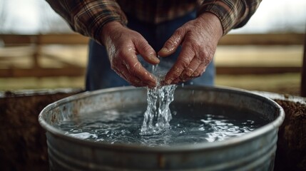 A person washing hands in a bucket of water, emphasizing cleanliness and water use.