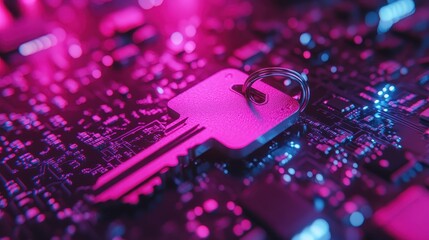 Photograph of a key inserted into a USB drive slot to symbolize secure data transfer focus on the key in a tech lab, realistic, overlay, with holographic displays as the backdrop