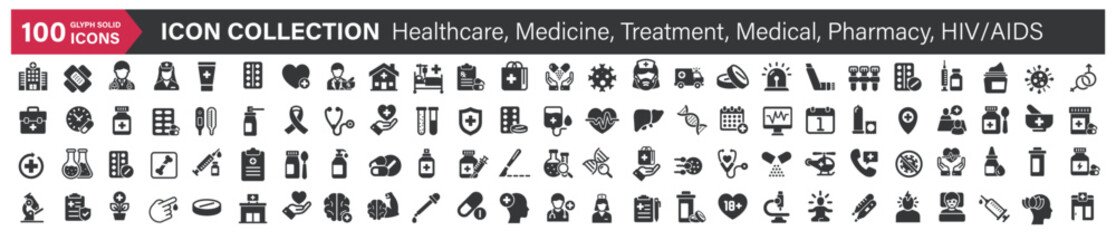 Big icons collection. Containing Healthcare, Medicine, Treatment, Medical, Pharmacy, HIV/AIDS. Glyph solid style series icon
