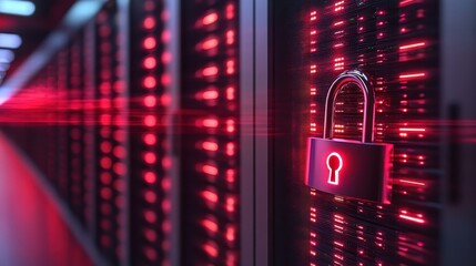 Photograph of a padlock hanging from a data server rack to symbolize secured data centers close up