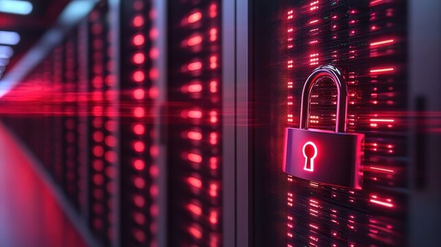 Photograph of a padlock hanging from a data server rack to symbolize secured data centers close up
