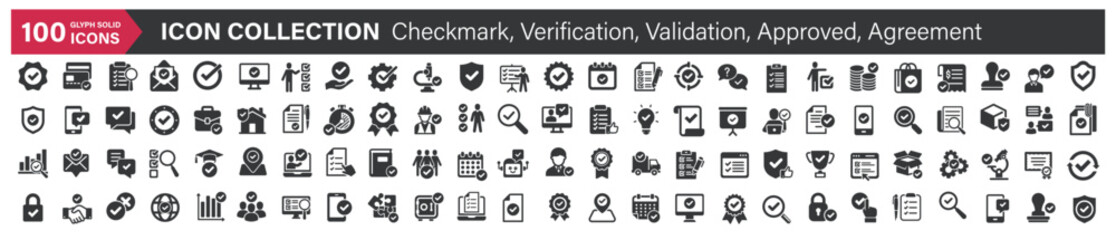 Big icons collection. Containing Checkmark, Verification, Validation, Approved, Agreement. Glyph solid style series icon