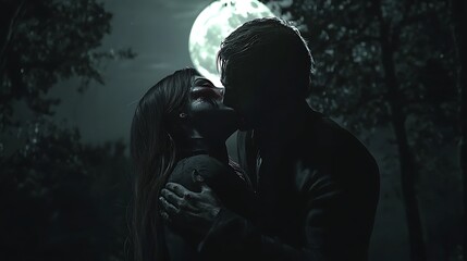 A couple is kissing in the dark with a full moon in the background