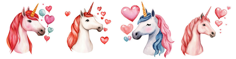 Valentine day element, Unicorns blowing heart bubbles in whimsical watercolor style, isolated on transparent background.