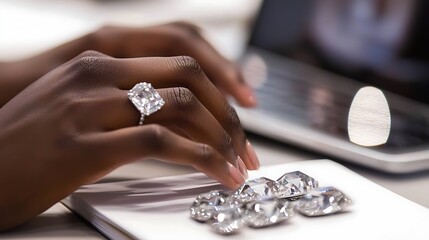 Obraz premium A woman is typing on a laptop while holding a ring