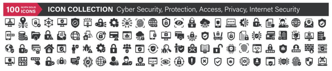 Big icons collection. Containing Cyber Security, Protection, Access, Privacy, Internet Security. Glyph solid style series icon
