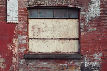 Naklejka premium Boarded Up Window in a Weathered Brick Wall