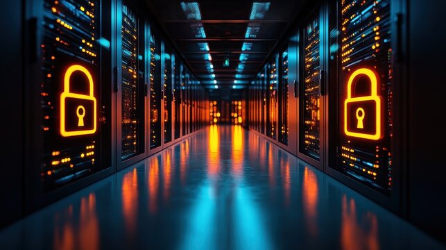 Visual of a secure server room with glowing padlock icons hovering above data racks to signify protection focus on the icons in a futuristic facility