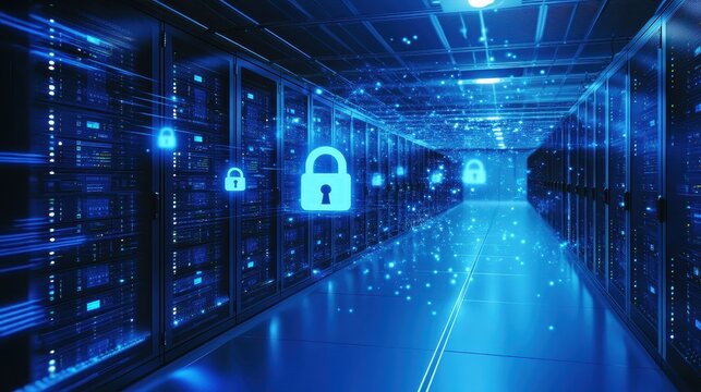 Visual of a secure server room with glowing padlock icons hovering above data racks to signify protection focus on the icons in a futuristic facility