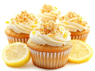 A group of lemon-flavored cupcakes topped with creamy frosting and crushed nuts.