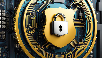cyber lock on shield over high tech circuits