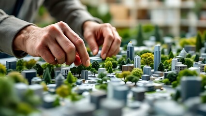 Fototapeta premium An architect fine-tunes a detailed model of a modern, sustainable urban housing development, emphasizing eco-friendly planning.