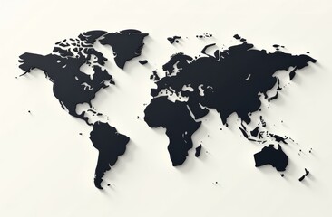 A modern, minimalist wall decoration displays a black silhouette of a world map. The artwork emphasizes geography, adding an elegant touch to the interior space while enhancing visual appeal.