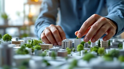 Fototapeta premium An architect fine-tunes a detailed model of a modern, sustainable urban housing development, emphasizing eco-friendly planning.