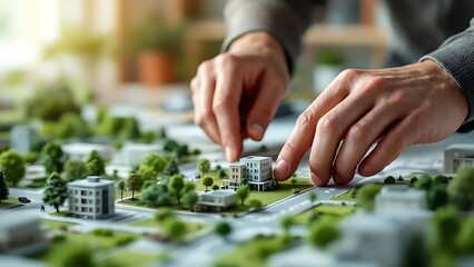 Fototapeta premium An architect fine-tunes a detailed model of a modern, sustainable urban housing development, emphasizing eco-friendly planning.