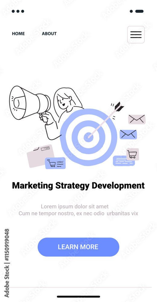 Poster marketing strategy development concept with target megaphone emails and shopping cart in minimalist 