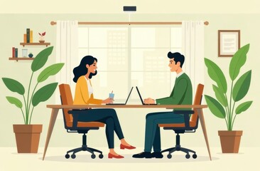 Two professionals engage in a collaborative discussion at a well-lit desk surrounded by plants. Laptops are open as they share ideas and work together in a contemporary workspace.