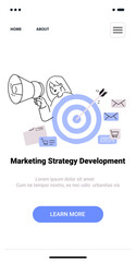 Marketing strategy development concept with target megaphone emails and shopping cart in minimalist hand drawn style for mobile app screen