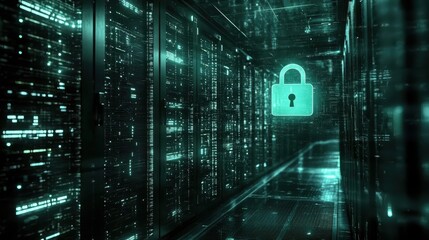 Image of a padlock icon hovering above a data server to signify advanced security systems focus on the icon in a server room