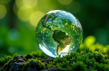 A glass globe showcasing continents rests on vibrant moss, illuminated by soft glowing lights.
