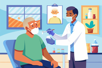 A healthcare worker is administering a vaccine to a patient in a clinic. The patient, a middle-aged man, looks calm and reassured while the nurse gently gives the injection. The clinic has medical pos