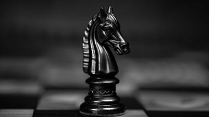 Black and white close-up of a horse statue with detailed craftsmanship