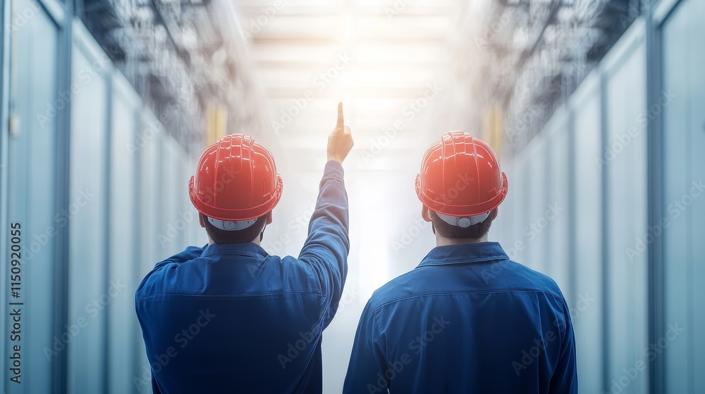 Aufkleber two industrial workers in red helmets stand in a data center, pointing toward bright light, symboliz