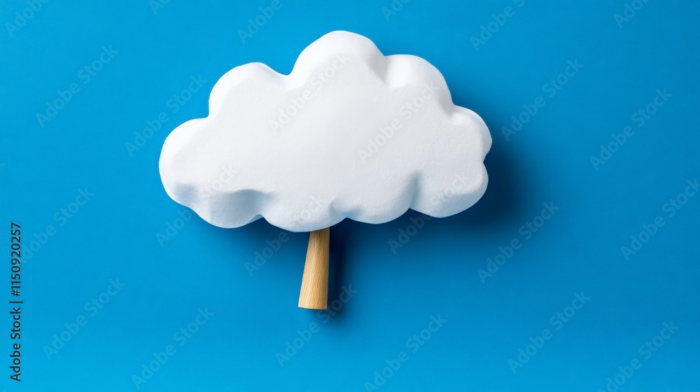 Poster cloud computing concept: a whimsical 3d cloud icon on a stick against a vibrant blue background symb