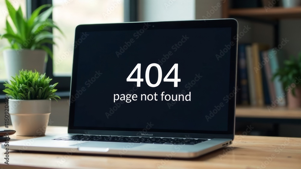 Poster a laptop on a wooden desk shows a 404 page not found error. the background features a window with na