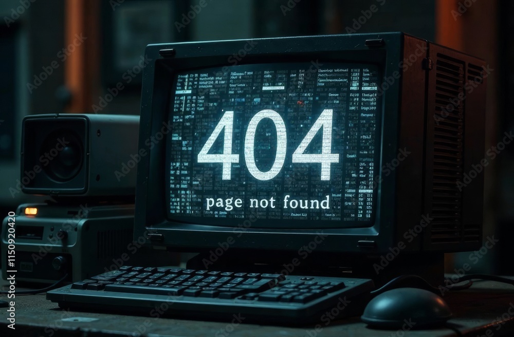 Poster a vintage computer monitor shows a 404 page not found error message. the surrounding environment is 