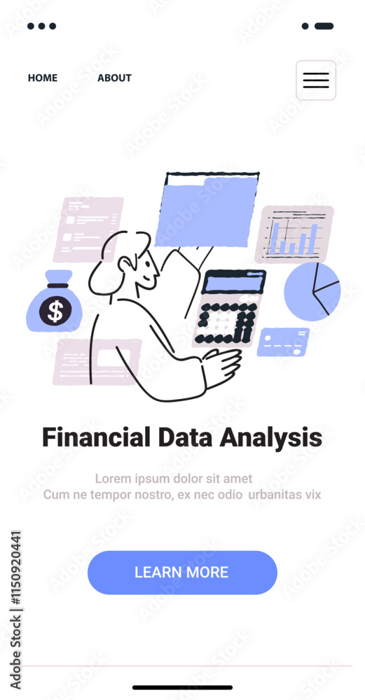 Poster financial data analysis concept person using calculator charts graphs money bag minimalist thin line
