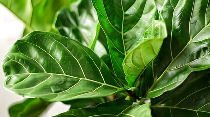 A close-up view of large fiddle leaf fig trees with broad green leaves in natural sunlight.