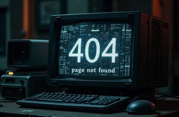 A vintage computer monitor shows a 404 page not found error message. The surrounding environment is dark, with a sense of nostalgia and a retro aesthetic captured in the lighting.