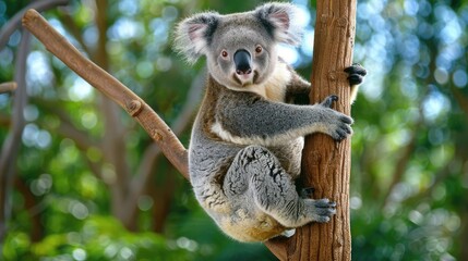 Obraz premium Koala Bear Climbing a Tree in a Lush Forest