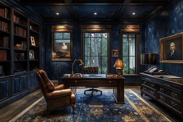 Venetian plaster with an aged look in deep indigo, paired with elegant furniture and artwork in a luxury study