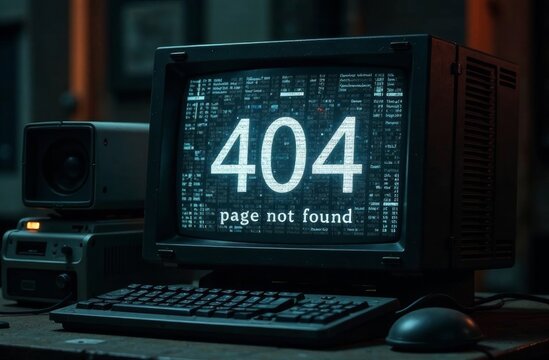 A vintage computer monitor shows a 404 page not found error message. The surrounding environment is dark, with a sense of nostalgia and a retro aesthetic captured in the lighting. - Powered by Adobe