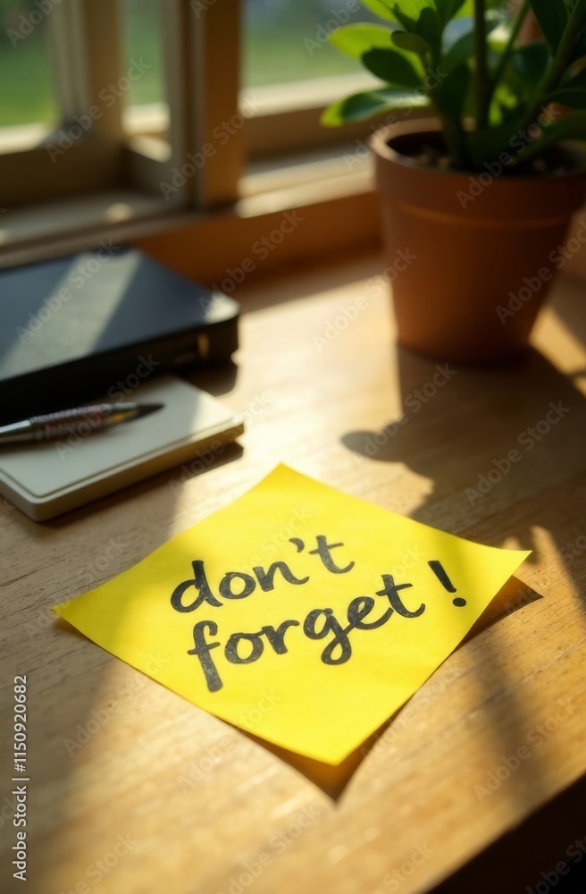 Aufkleber a bright yellow sticky note with the words don't forget is placed on a wooden table near a window. a